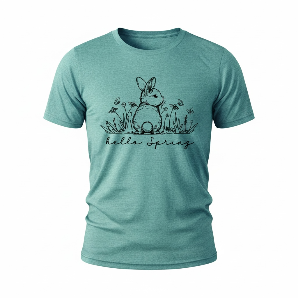 Teal t-shirt with a bunny and 'hello spring' text on a white background