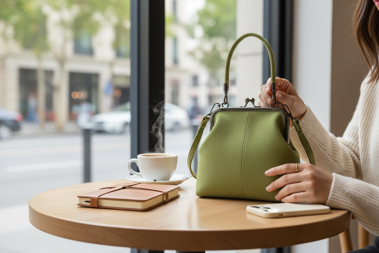 Person holding a green handbag at a cafe table with a cup of coffee and phone.