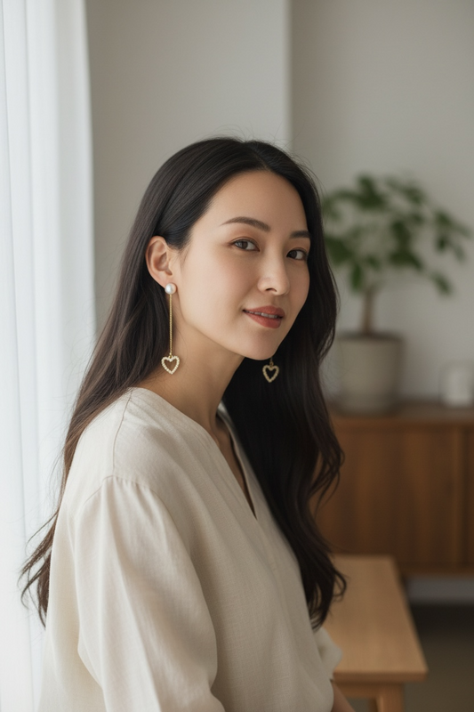 Woman wearing heart-shaped earrings in a home setting
