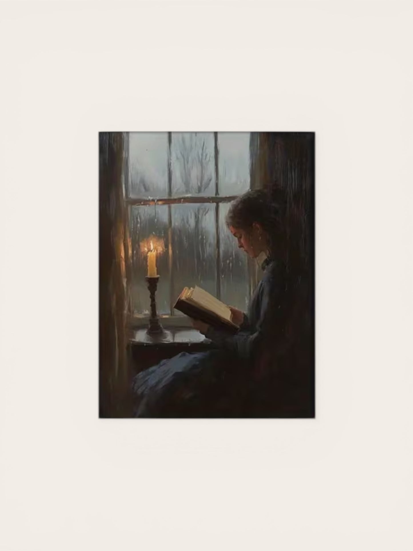 Person reading a book by a window with a candle, surrounded by nature