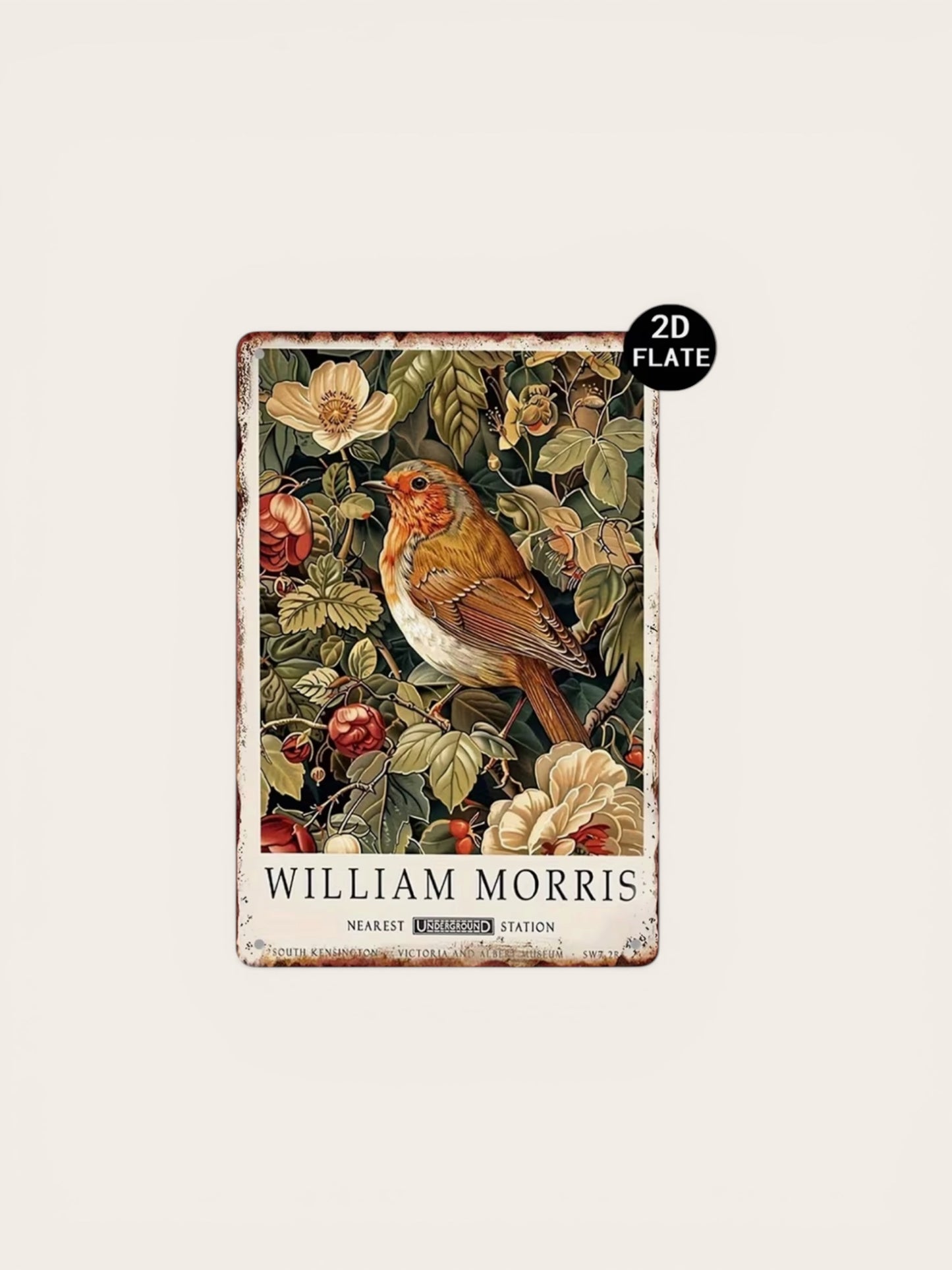 Decorative metal sign with a bird and floral design, featuring the brand 'William Morris'.