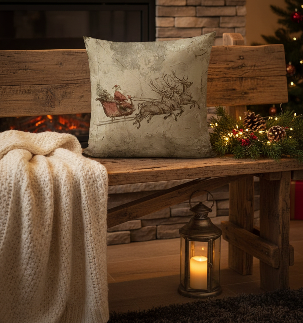 Decorative pillow with Santa and reindeer design on a wooden bench by a fireplace.