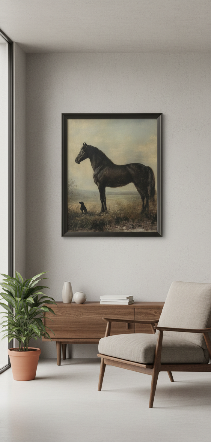 Framed painting of a horse on a wall in a modern living room.