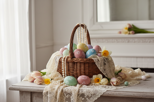 Vintage Easter scene with pastel eggs in antique wicker basket surrounded by spring flowers, lace, and pearl jewellery