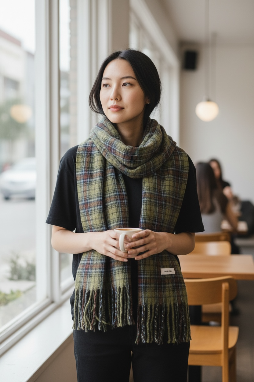 Woman wearing a plaid scarf in a casual indoor setting
