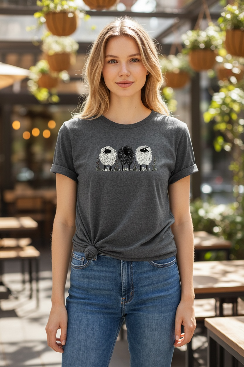 Woman wearing a gray t-shirt with a graphic design in an outdoor setting