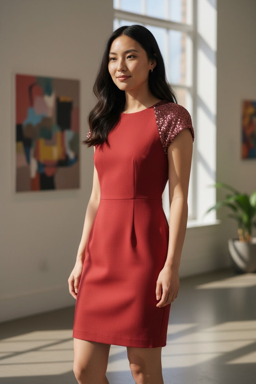 Woman wearing a red dress with sequin sleeves in a bright room.
