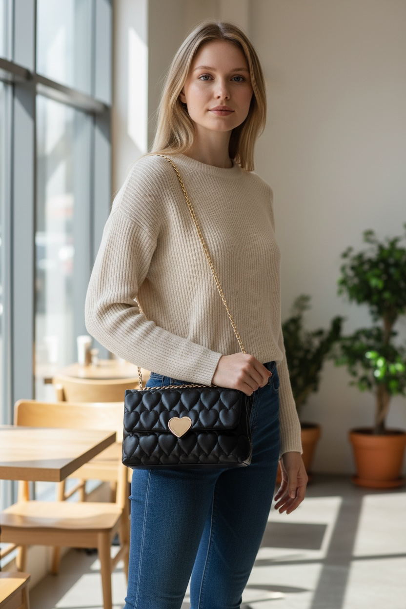 Woman holding a black quilted handbag with a heart detail in a bright room.