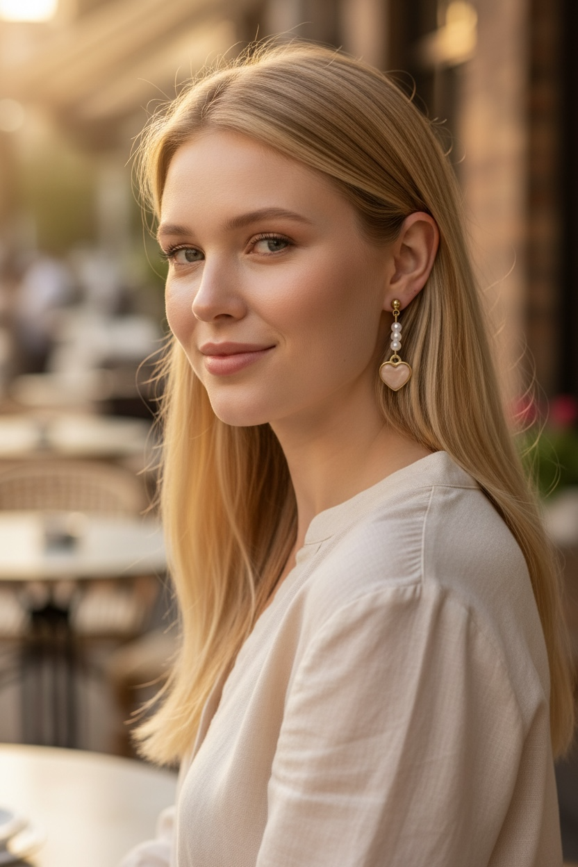 Woman with long blonde hair wearing earrings in an outdoor setting
