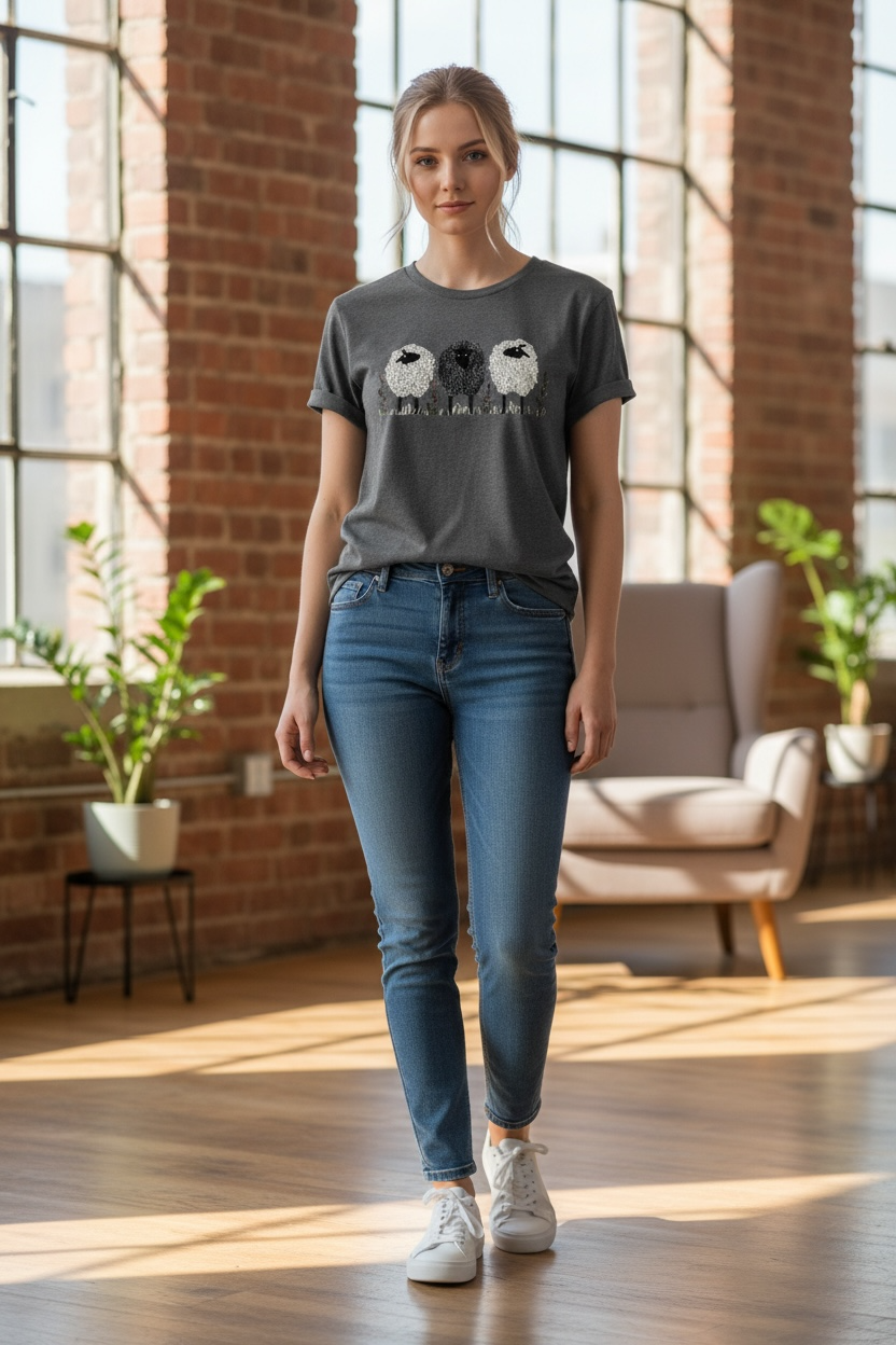 Woman wearing a gray t-shirt with a graphic design and blue jeans standing in a room with large windows and plants.