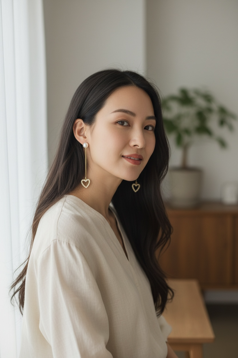 Woman wearing heart-shaped earrings in a home setting