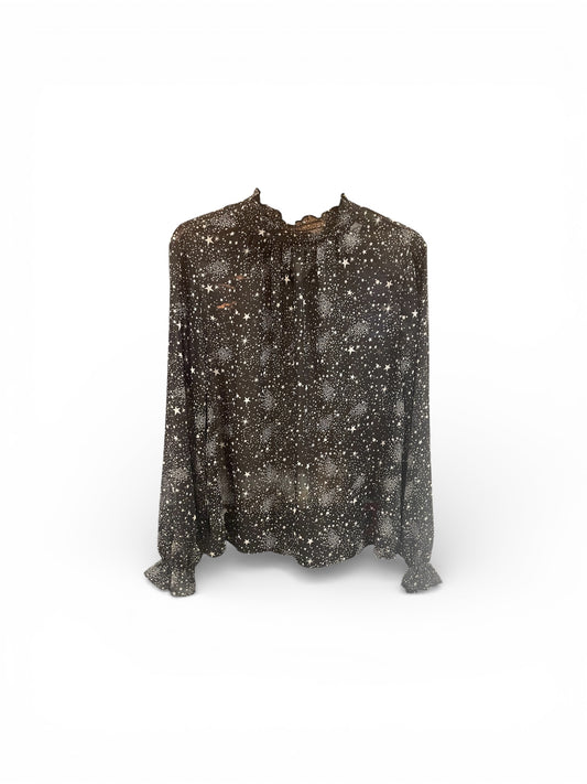 Sheer black blouse with star pattern on a white background
