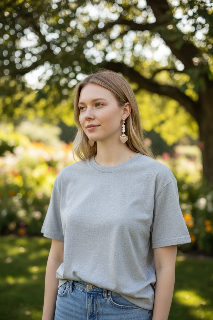 Woman wearing a gray t-shirt and blue jeans standing in a park with trees and greenery.