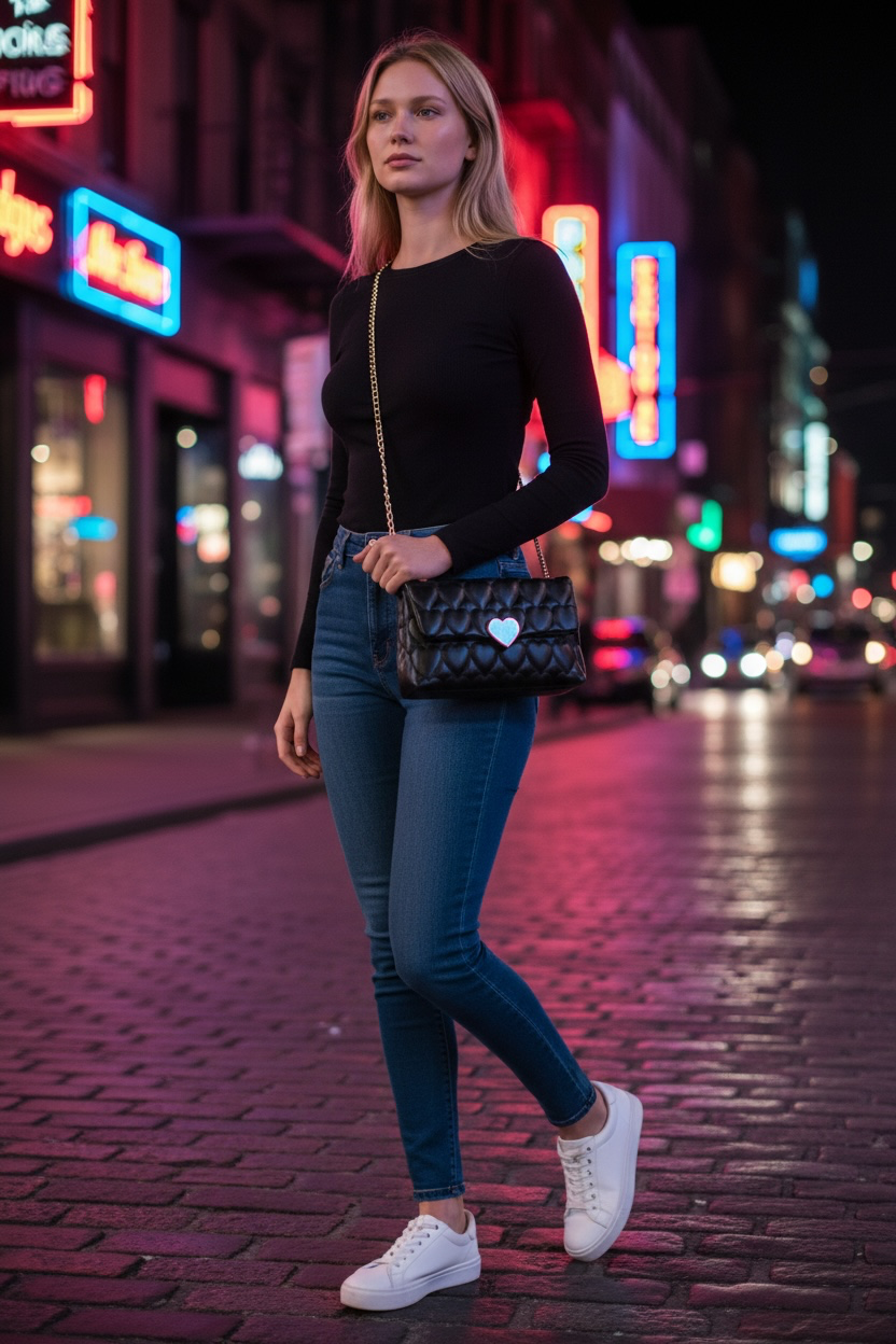 Woman walking on a neon-lit street at night, wearing a black top, blue jeans, and white sneakers.
