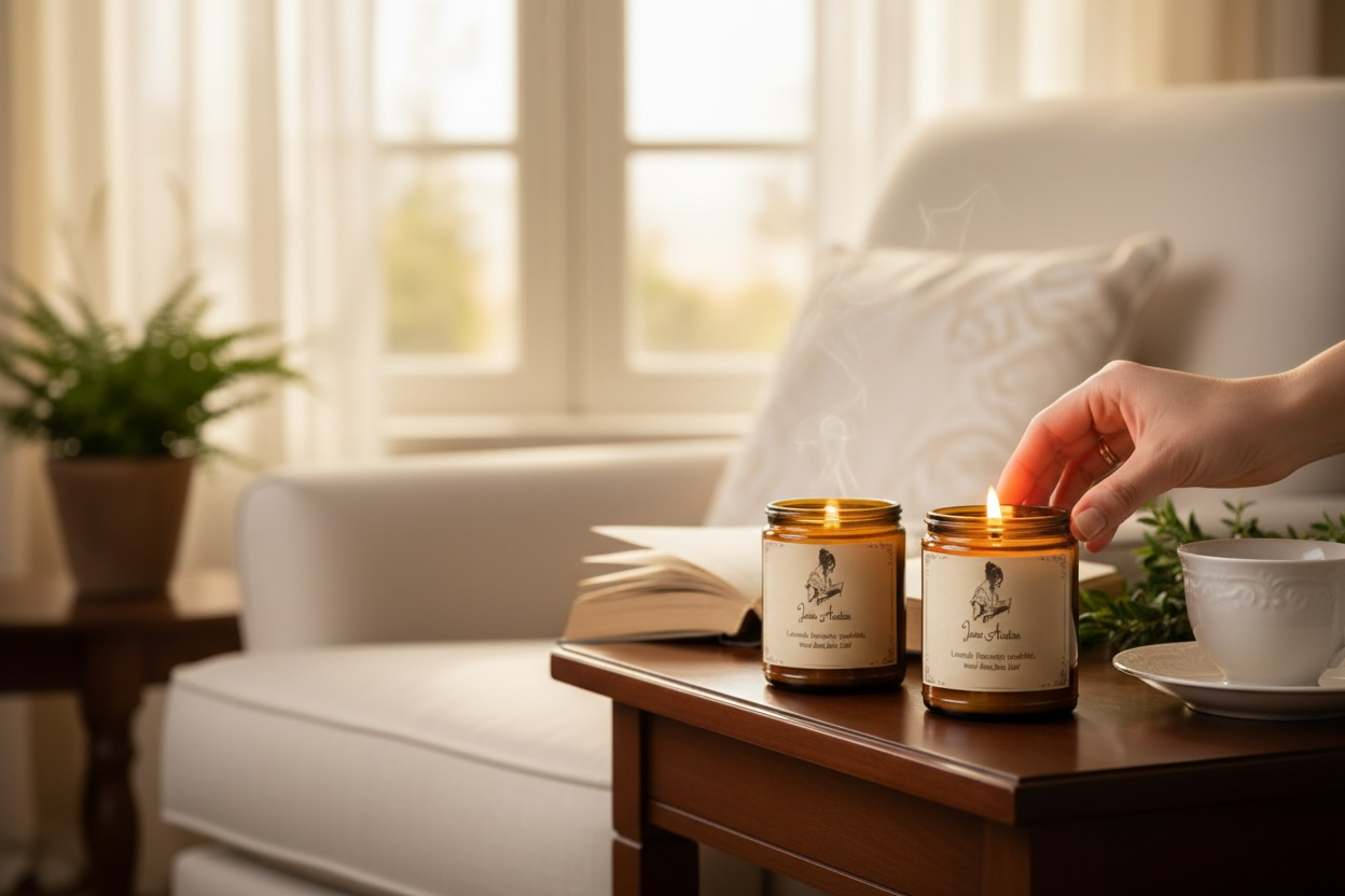 Candle being lit on a table with a cozy living room background