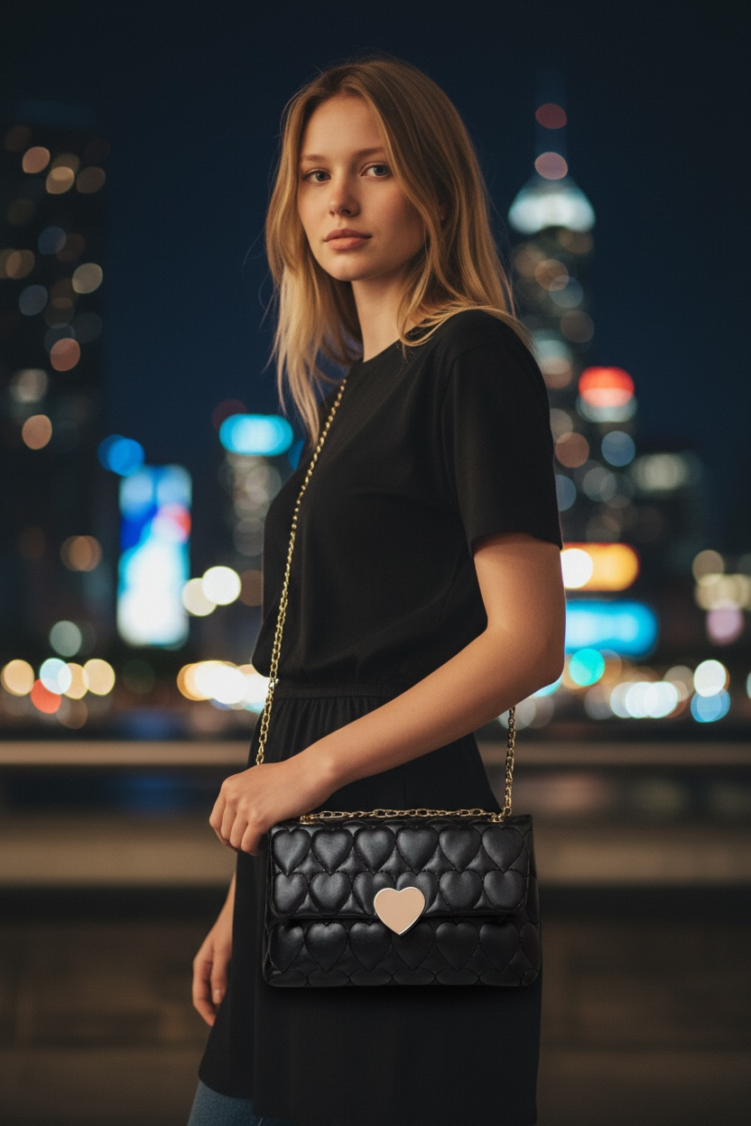 Woman holding a black quilted handbag with a heart detail against a cityscape at night.