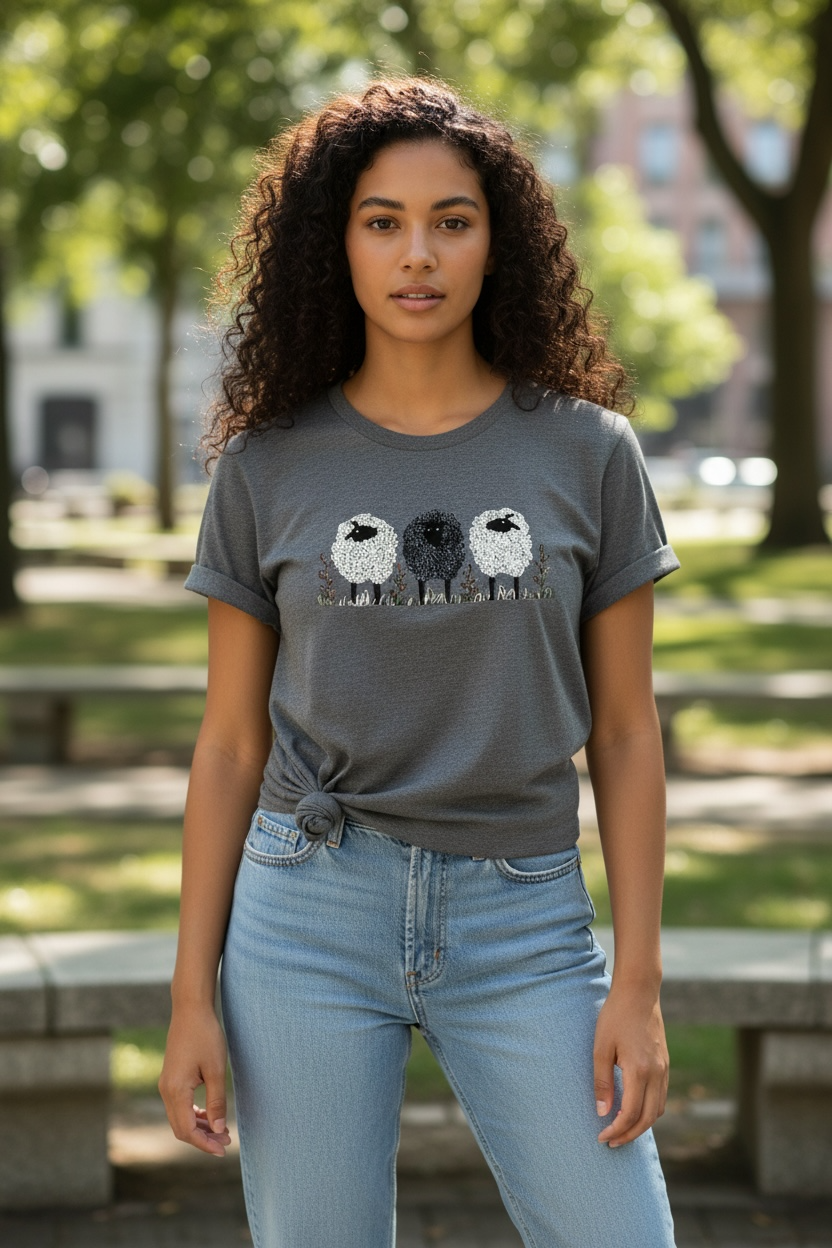 Woman wearing a gray t-shirt with a graphic design outdoors