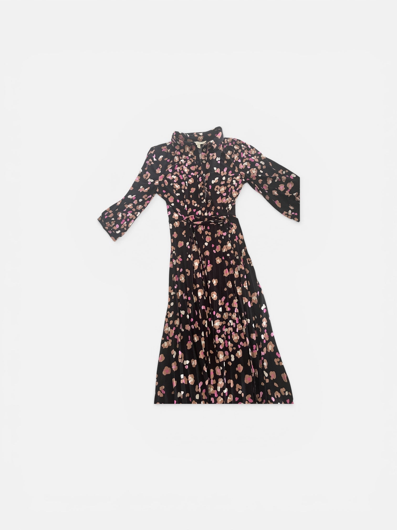 Black dress with pink floral pattern on a white background