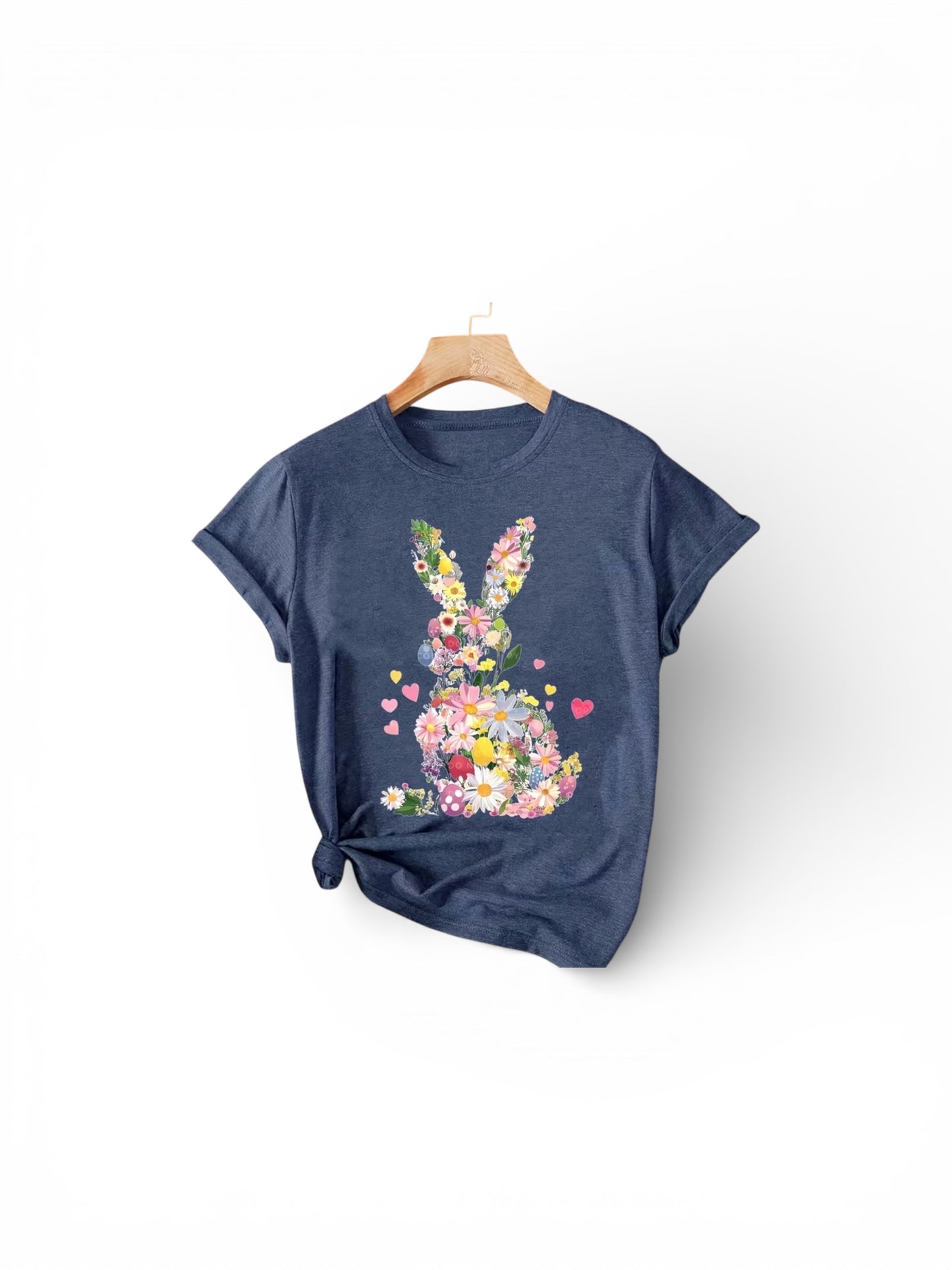 Navy blue t-shirt with floral bunny design on a white background