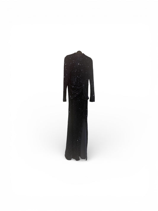 Black evening gown with long sleeves on a white background