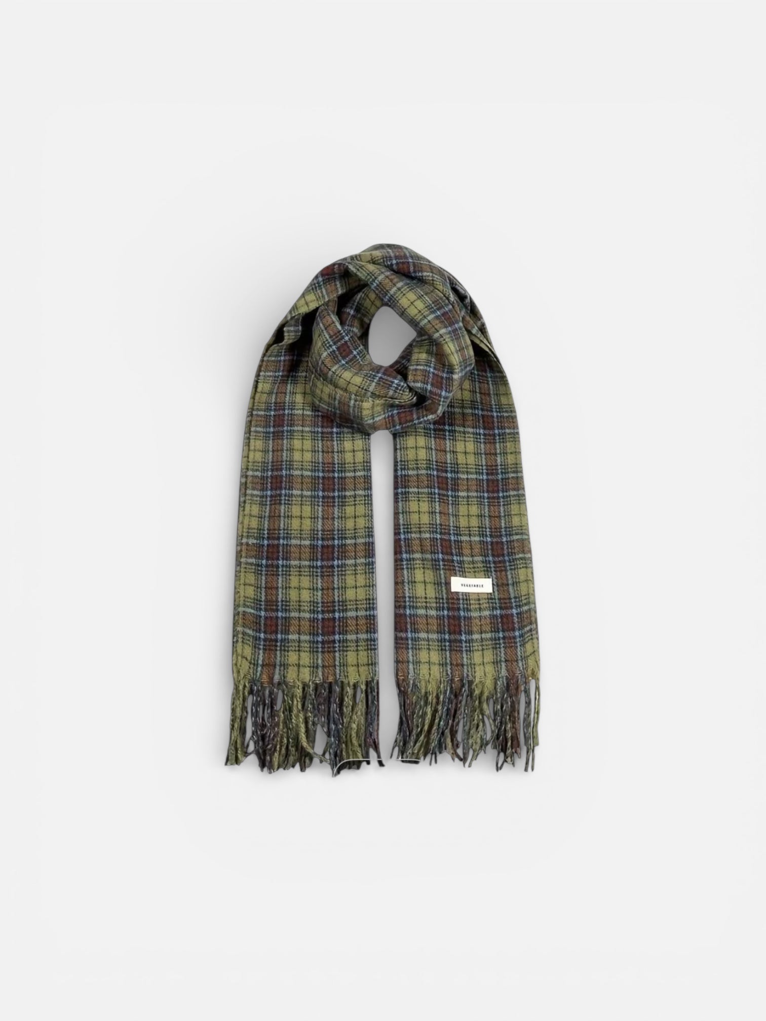Plaid scarf with fringes on a white background