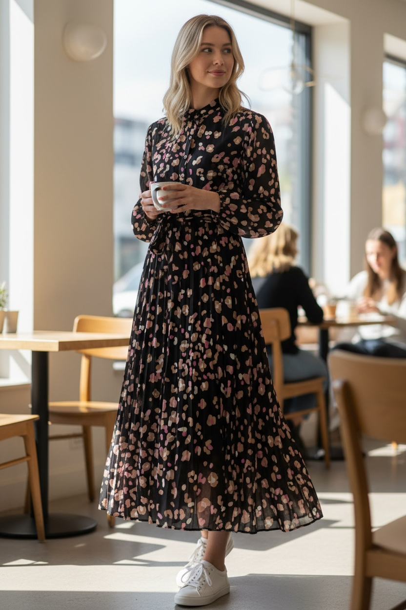 Woman in a floral dress standing in a cafe with large windows.