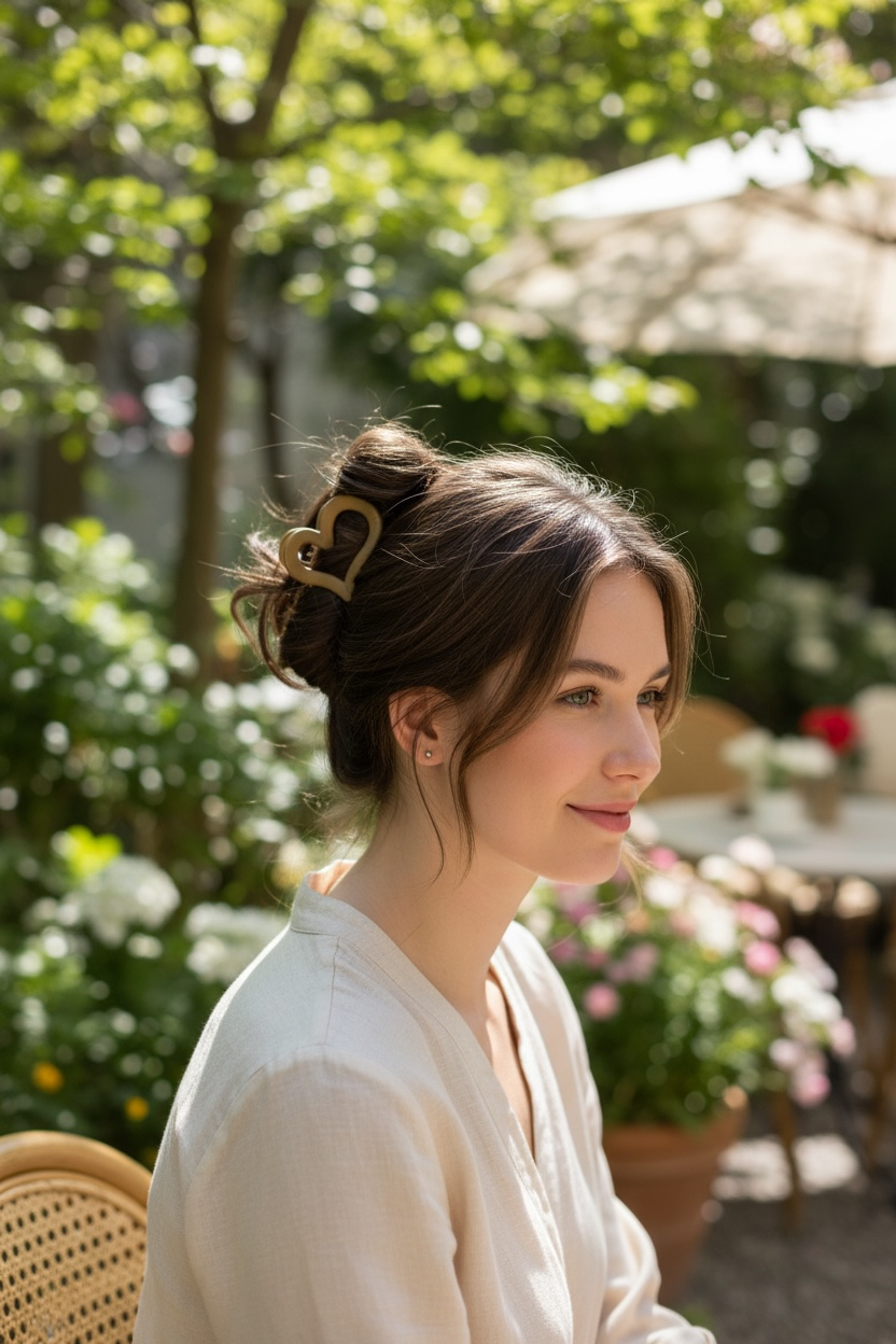 Woman with styled hair outdoors in a garden setting