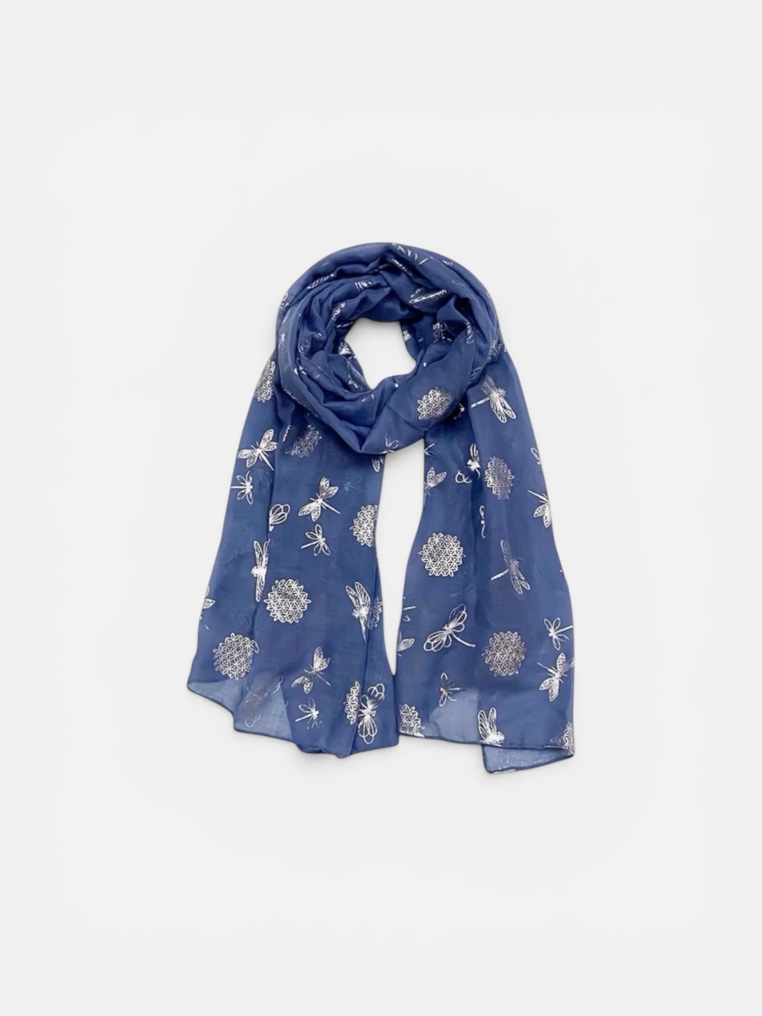 Blue scarf with floral patterns on a white background