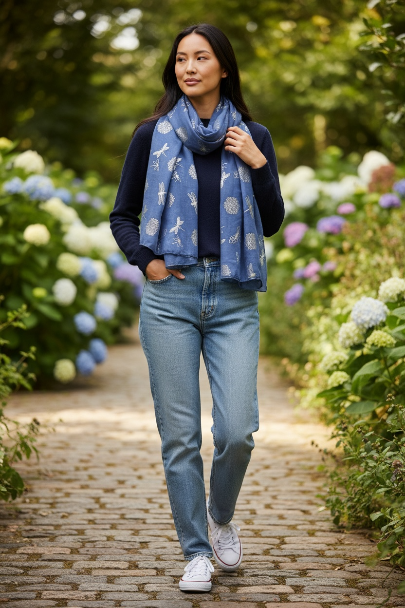 Woman walking in a garden wearing a blue patterned scarf, navy sweater, light blue jeans, and white sneakers.
