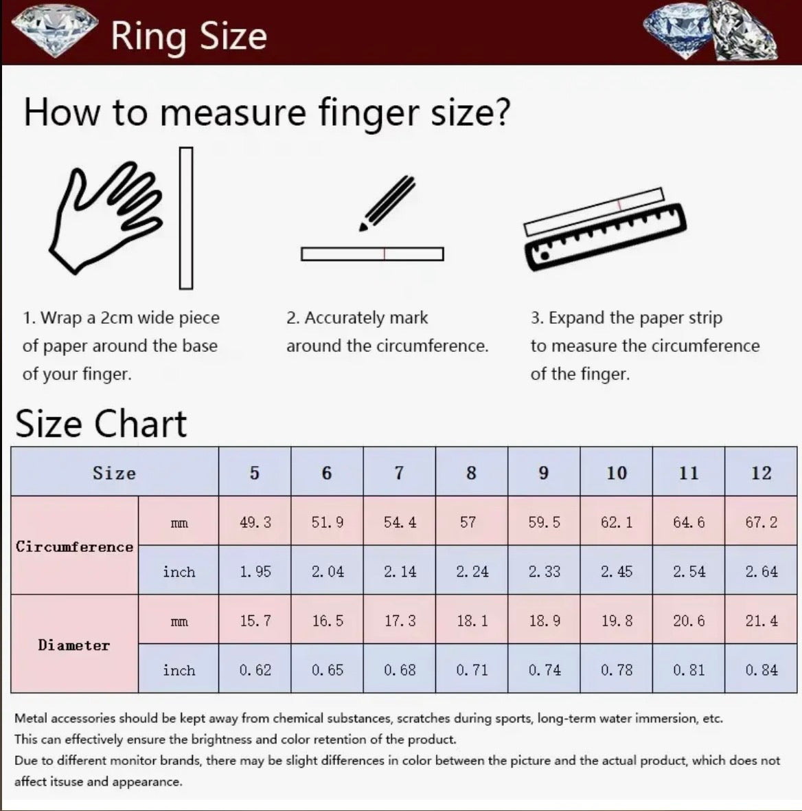 Instructions on how to measure finger size and a corresponding size chart.