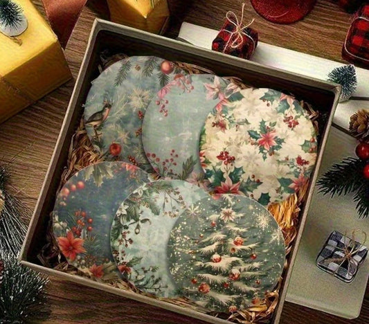 Set of floral coasters in a decorative box on a festive table.