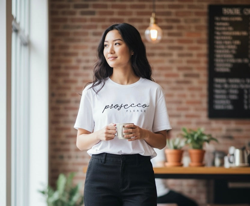 Woman wearing Prosecco please t'shirt holding a mug in a casual setting with a brick wall and plants in the background