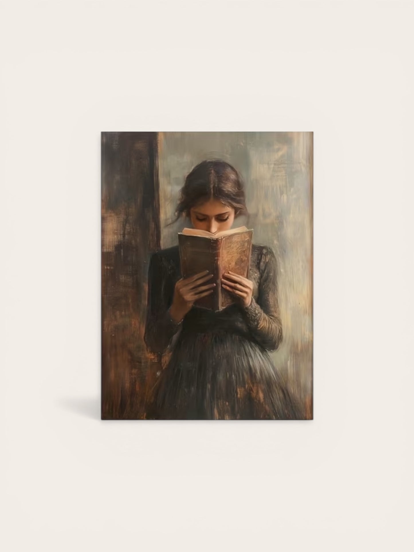 Painting of a woman reading a book with a warm color palette