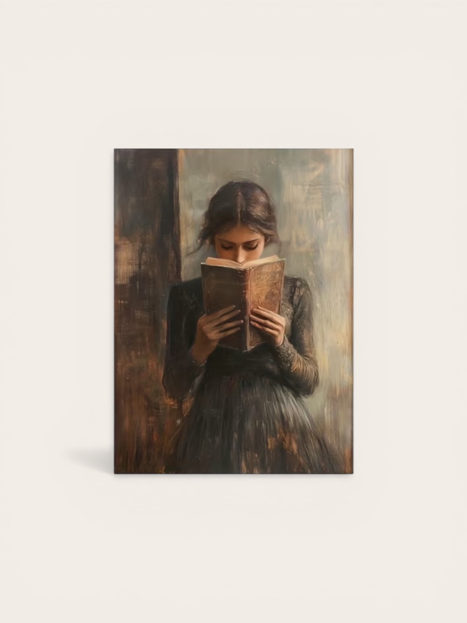 Painting of a woman reading a book with a warm color palette
