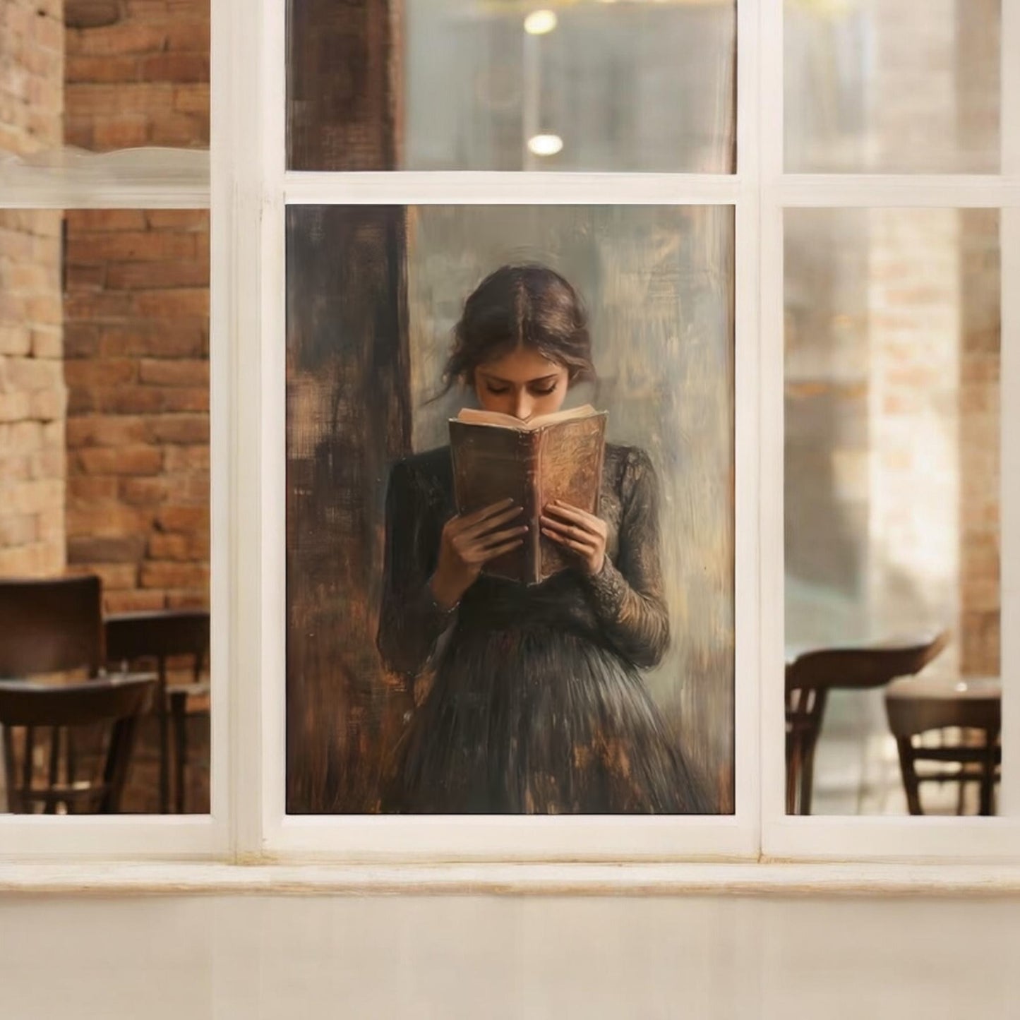 Woman reading a book in a cozy indoor setting with a window frame.