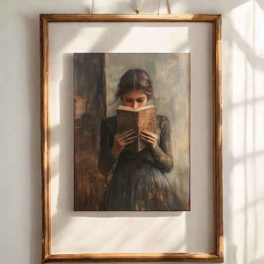 Framed painting of a woman reading a book on a light wall.