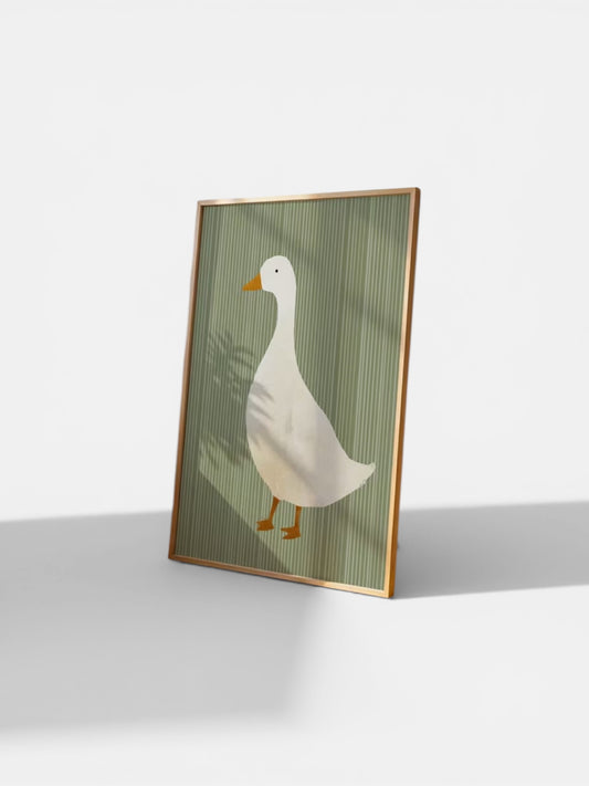 Framed artwork of a goose on a green background