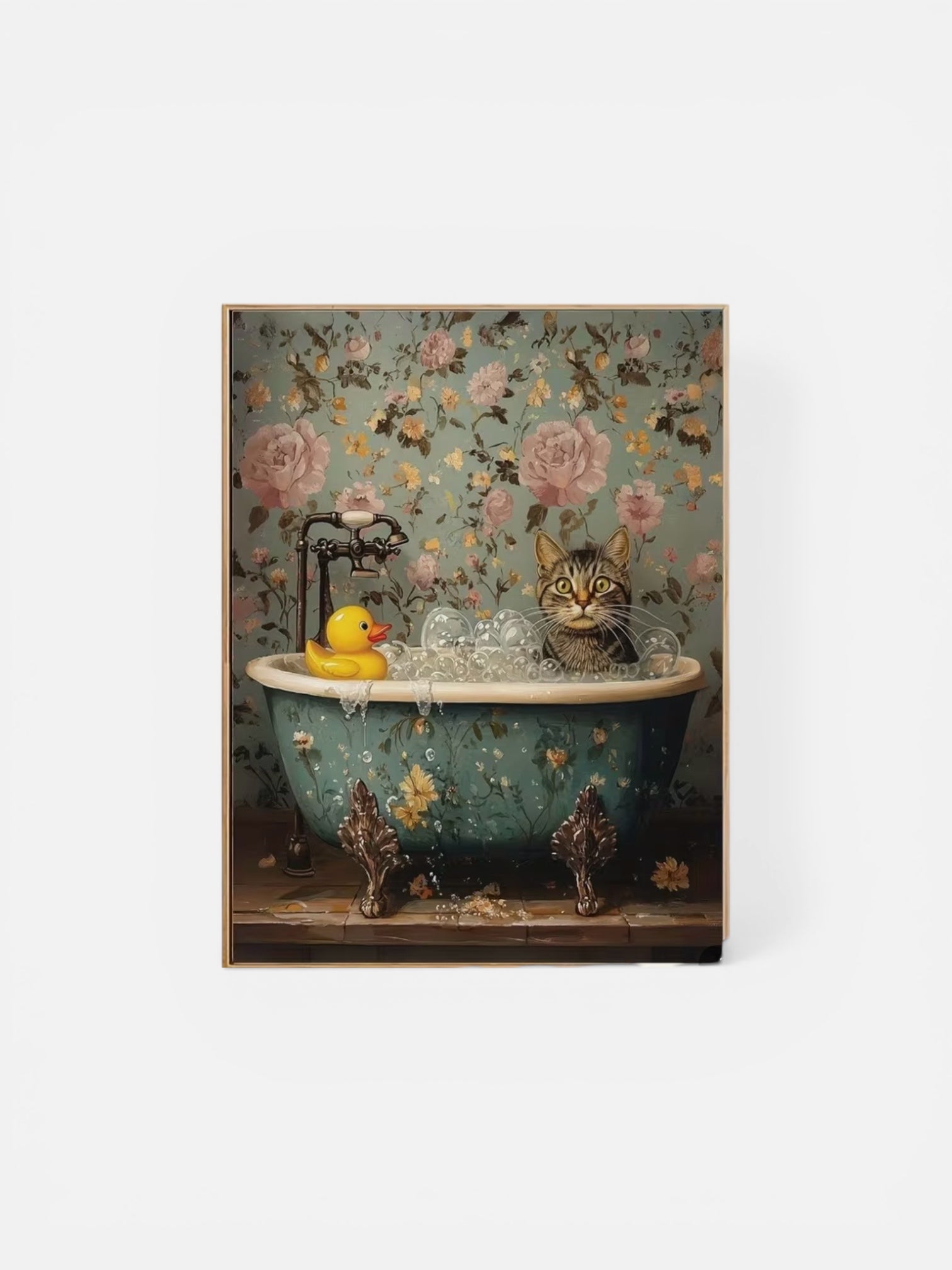 Framed artwork of a cat in a bathtub with flowers and a rubber duck on a floral background.