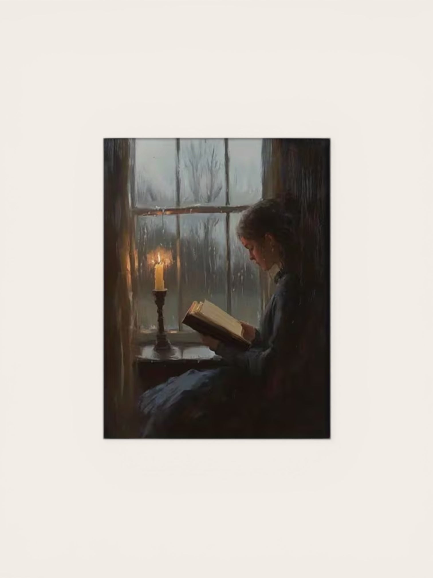 Person reading a book by a window with a candle, surrounded by nature