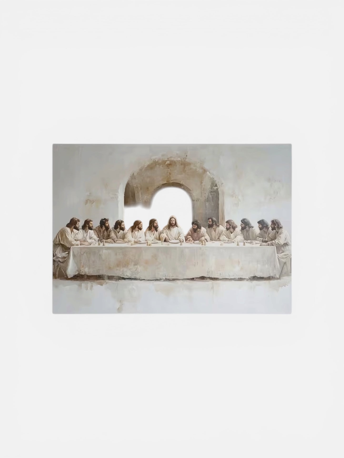 Reproduction of 'The Last Supper' with figures around a table in a classical setting.