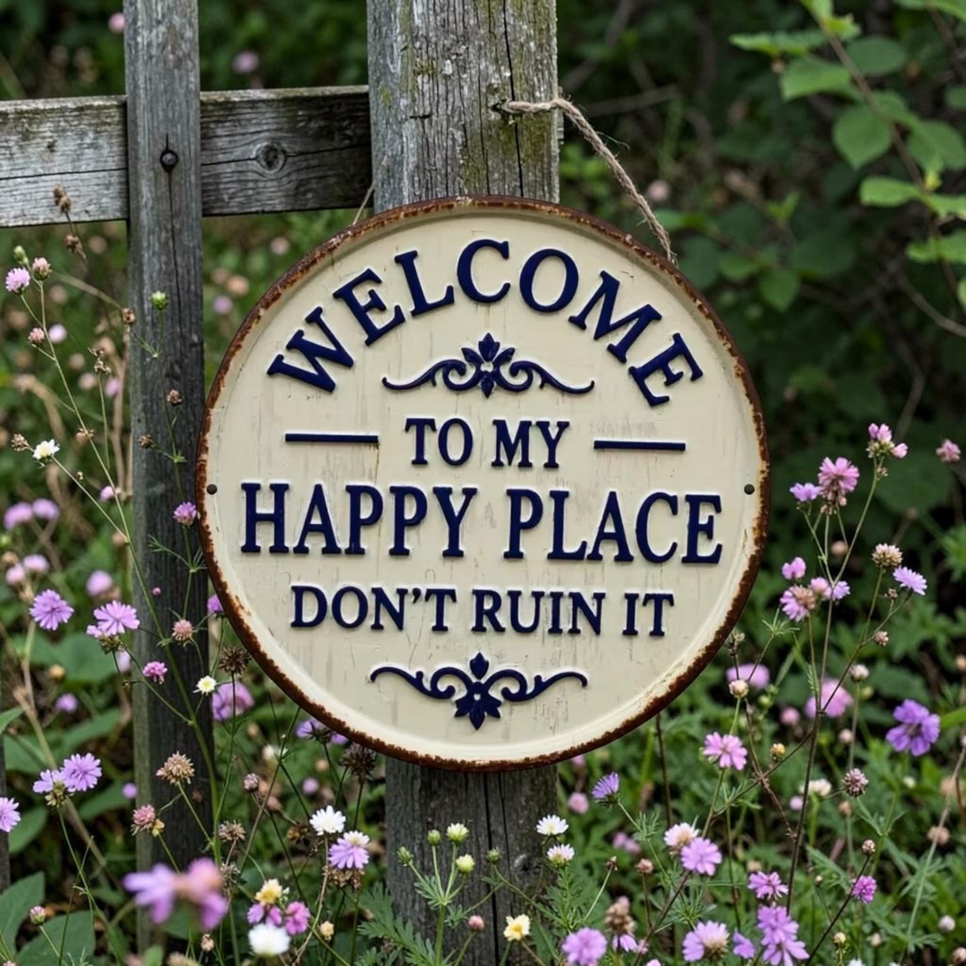 Decorative sign with 'Welcome to my happy place, don't ruin it' text in a garden setting.