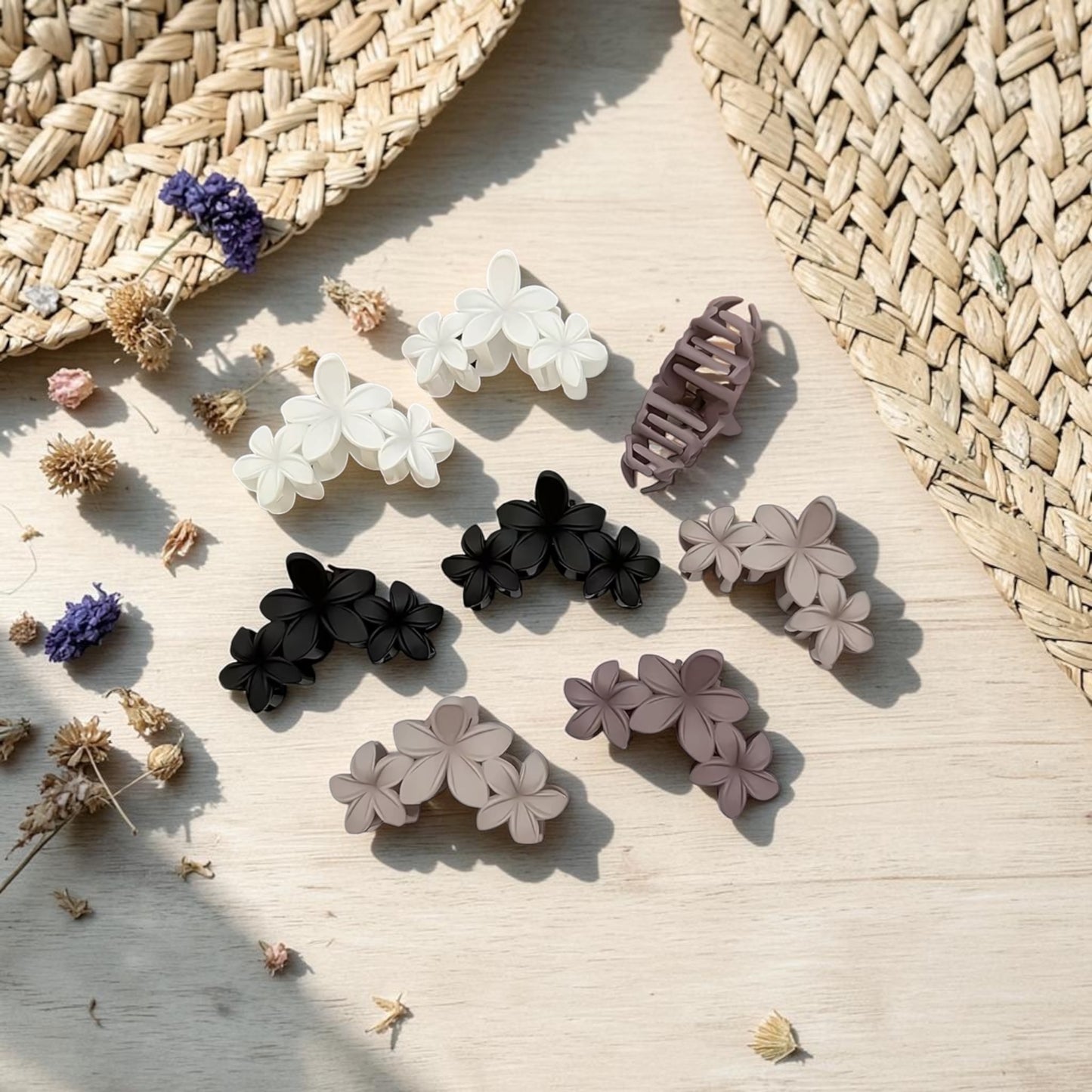 Floral Hairclips Set of 3 | Black, White & Beige