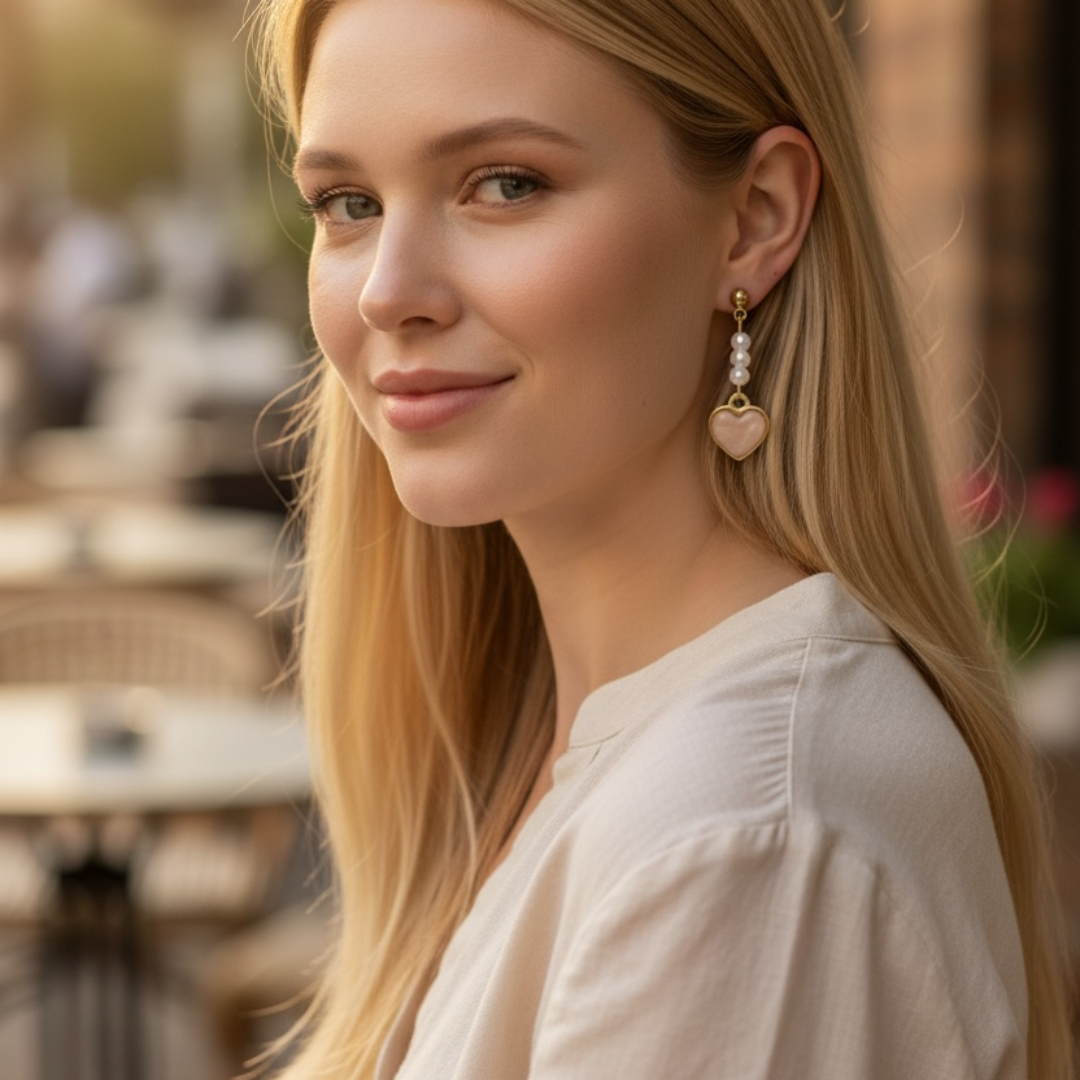 Woman with long blonde hair wearing heart-shaped earrings in an outdoor setting.