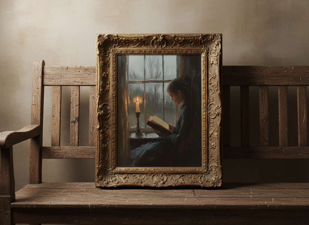 Girl reading book in candlelight print