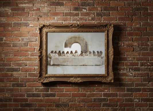 Framed artwork of 'The Last Supper' on a brick wall