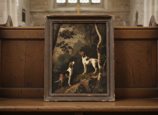 Framed painting of two dogs on a rock with wooden pews in the background
