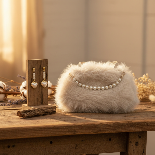 White fur handbag with pearl details on a wooden table, accompanied by heart-shaped earrings.