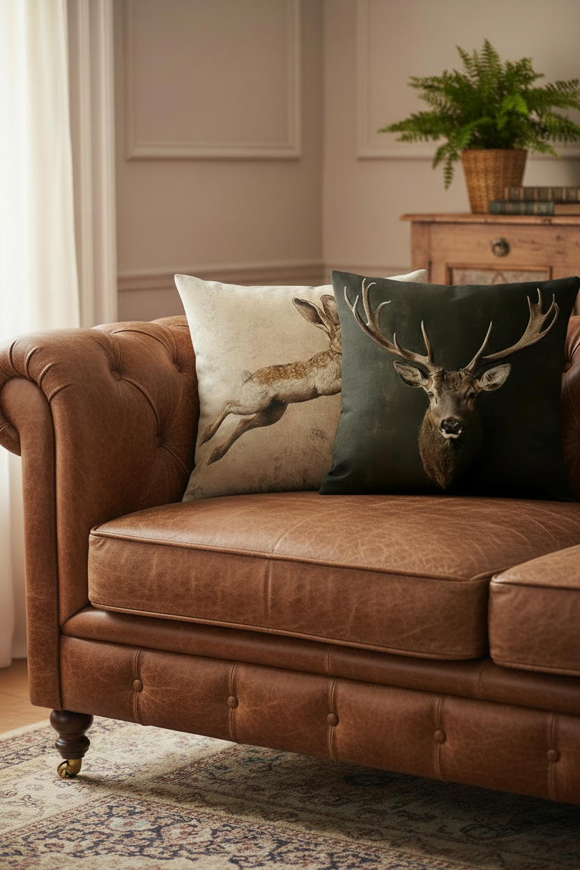 Brown leather sofa with decorative pillows featuring deer designs in a room with a wooden cabinet and plant.