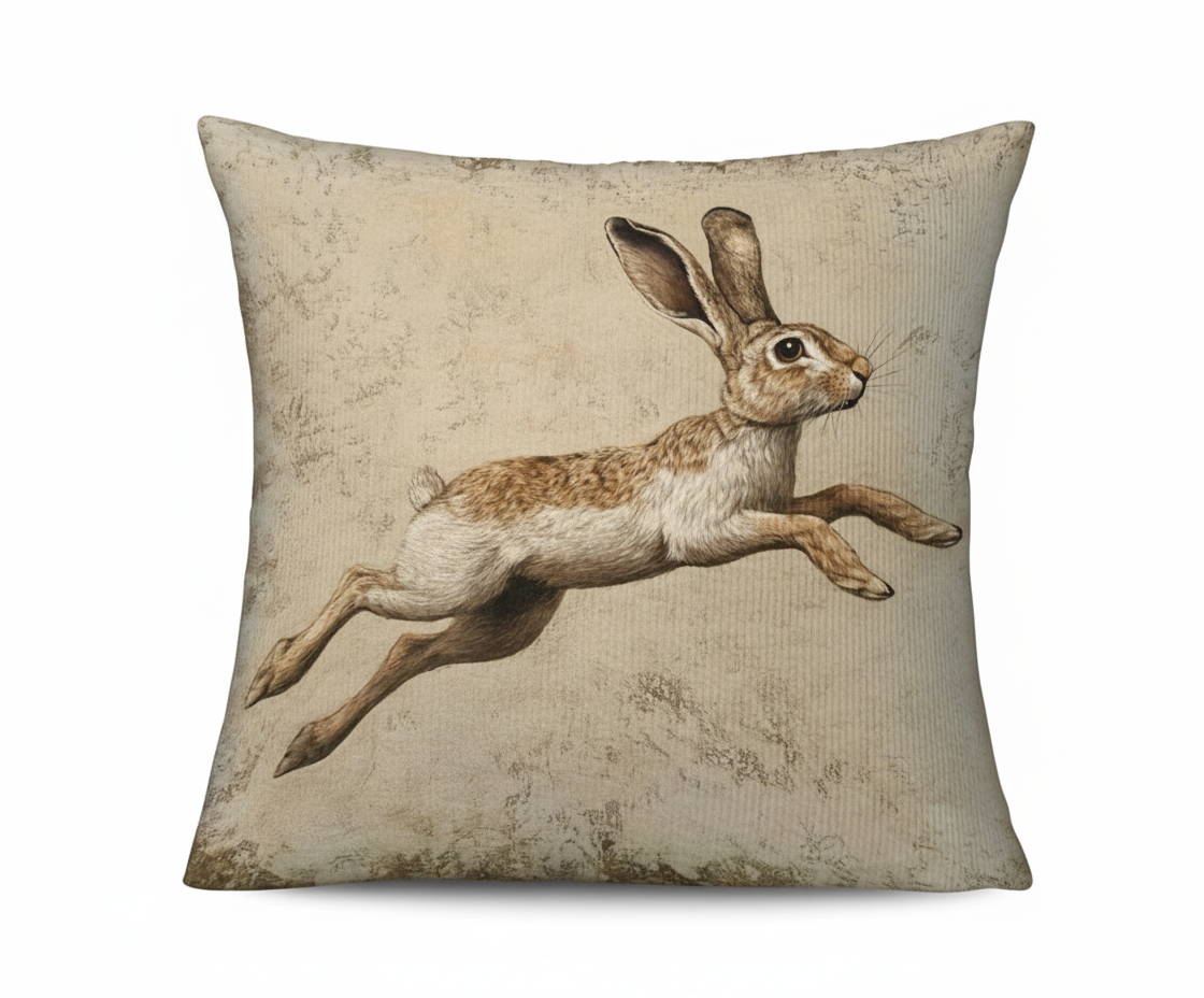 Decorative pillow with a running hare design on a beige background