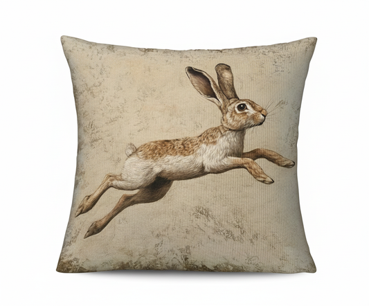 Decorative pillow with a running hare design on a beige background